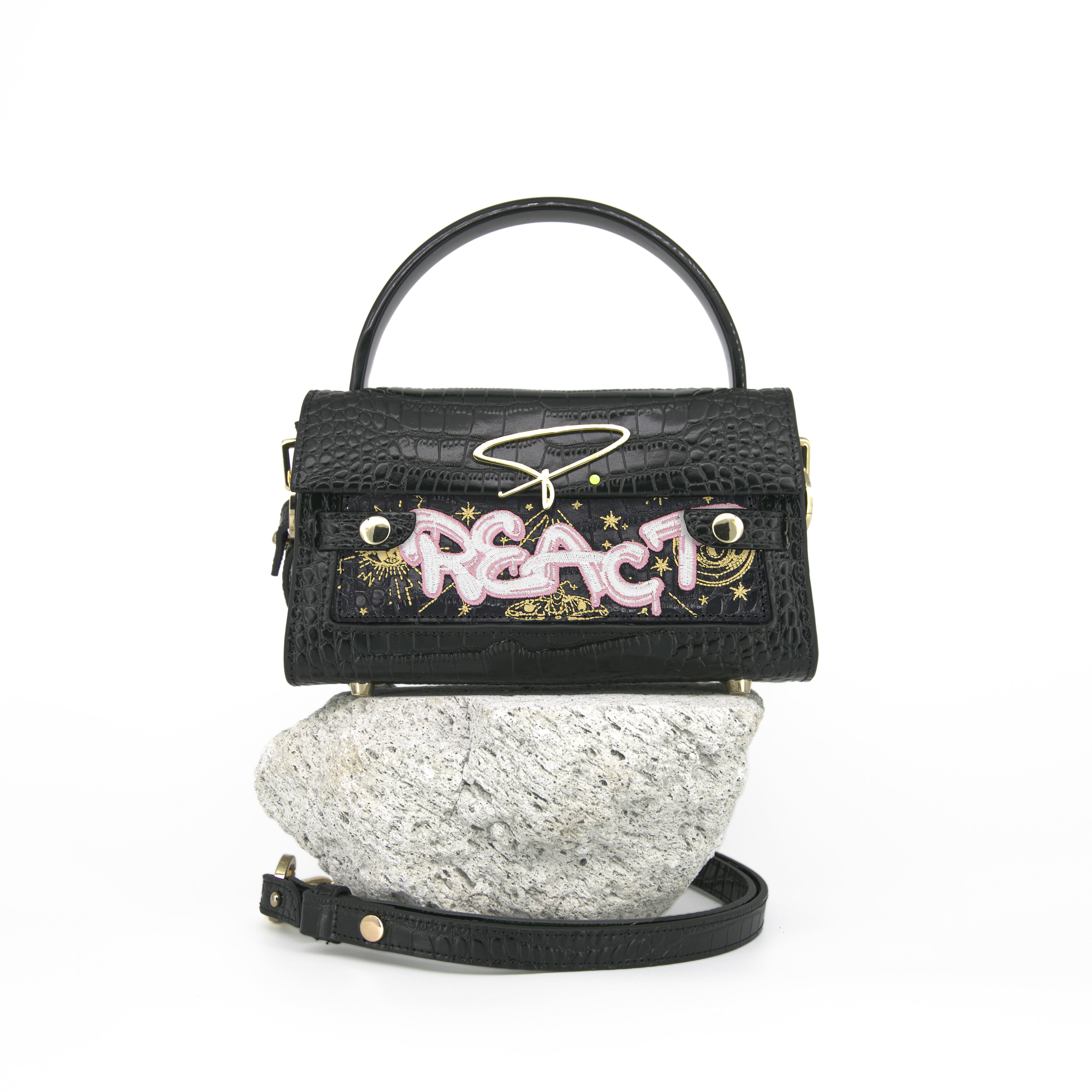 301W EMBROIDERED SIGNATURE HANDLE BAG IN BLACK