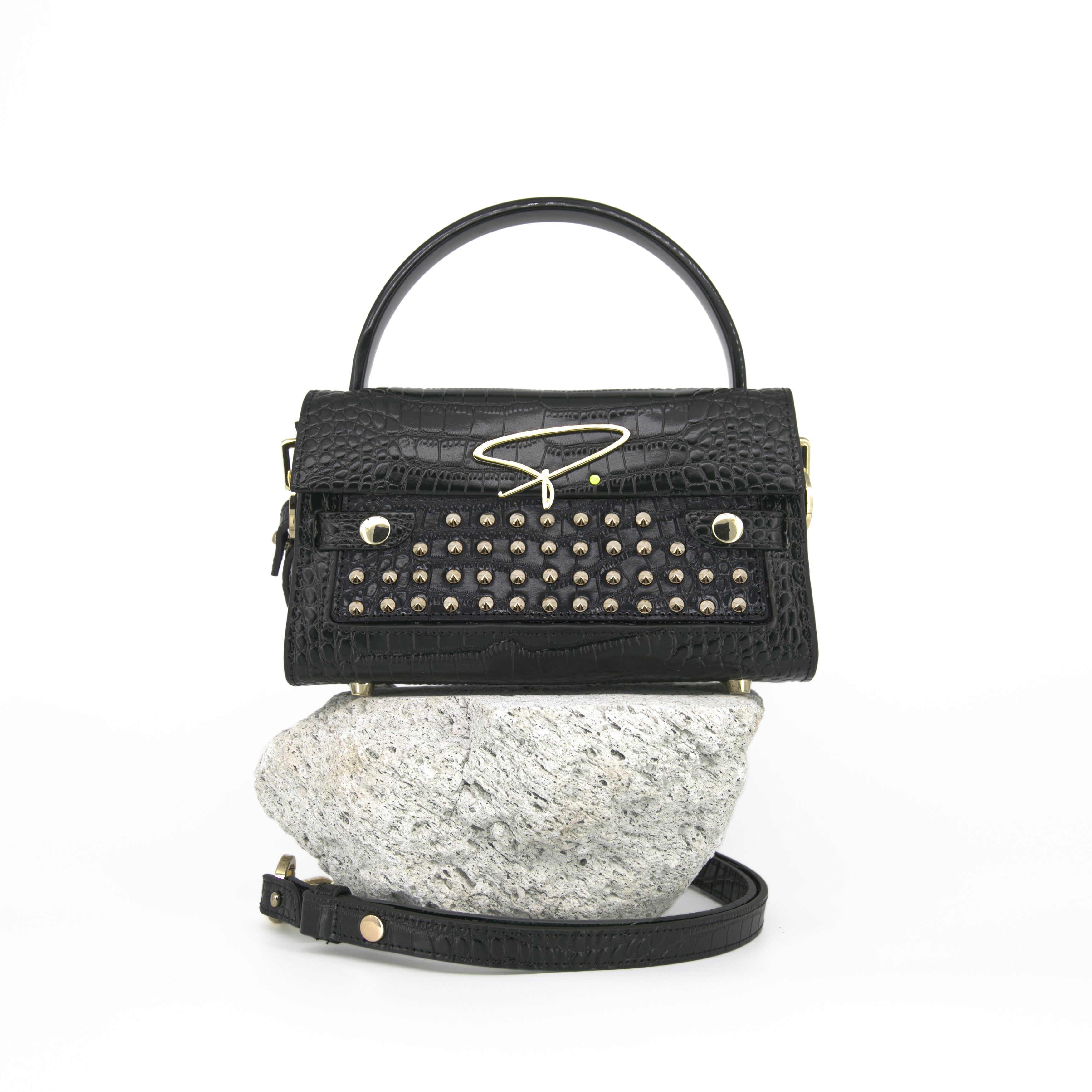 301W STUDDED SIGNATURE HANDLE BAG IN BLACK