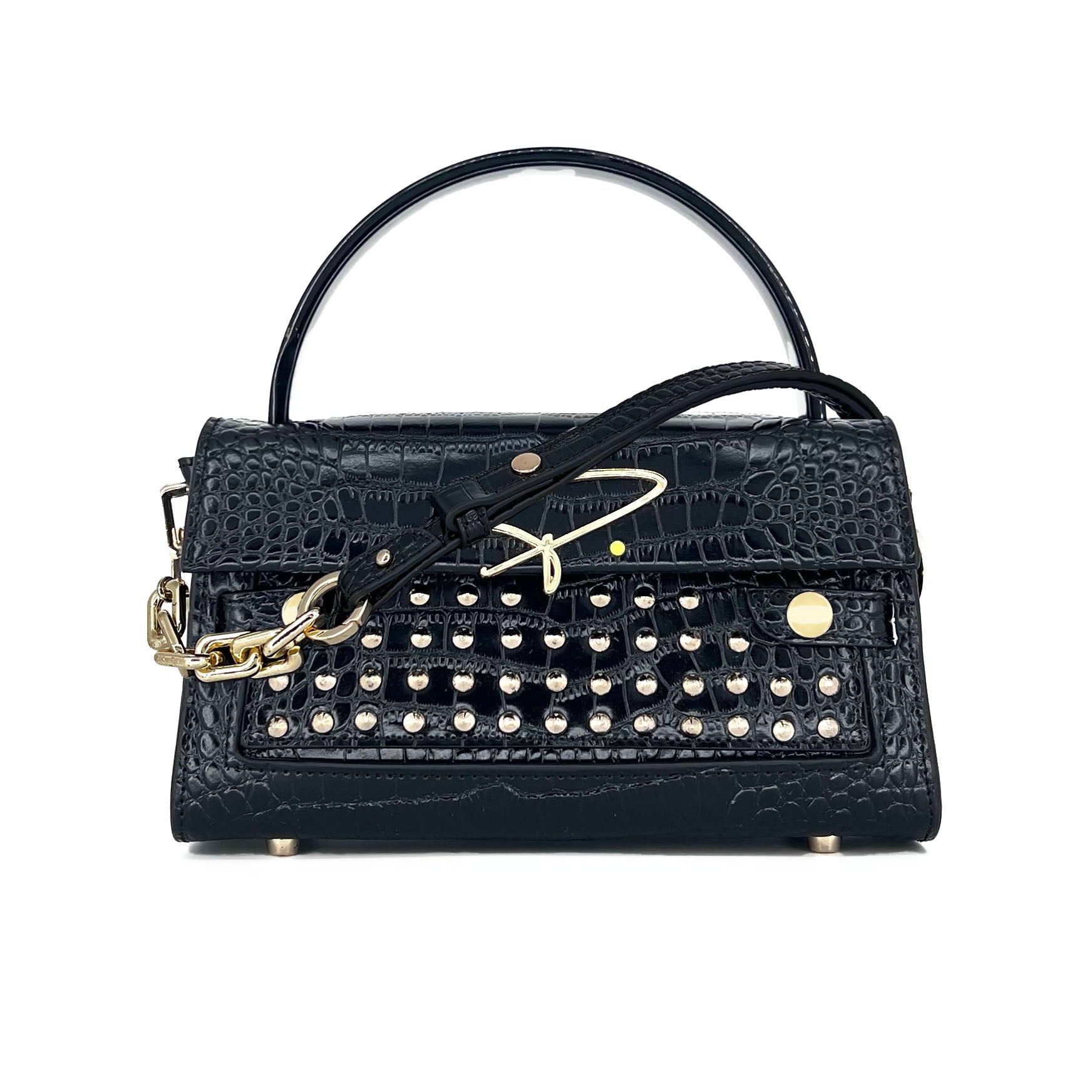 301W STUDDED SIGNATURE HANDLE BAG IN BLACK