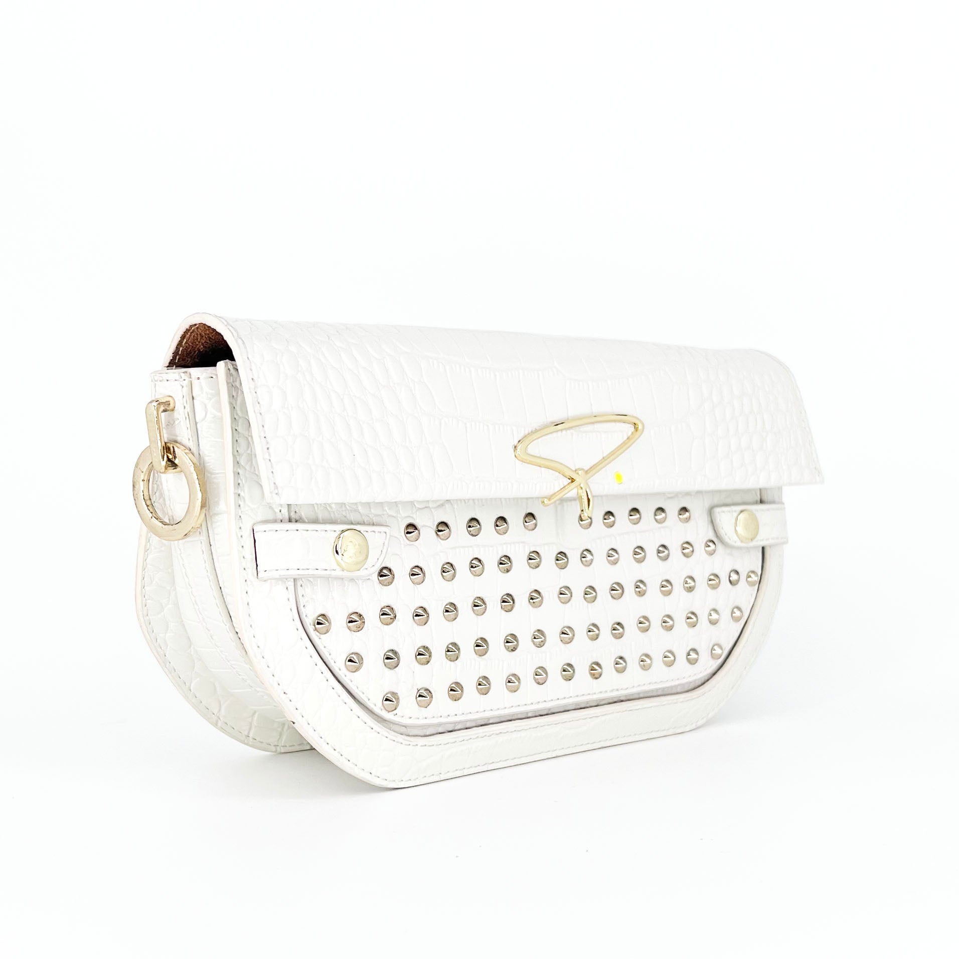 239E STUDDED SIGNATURE SHOULDER BAG IN WHITE