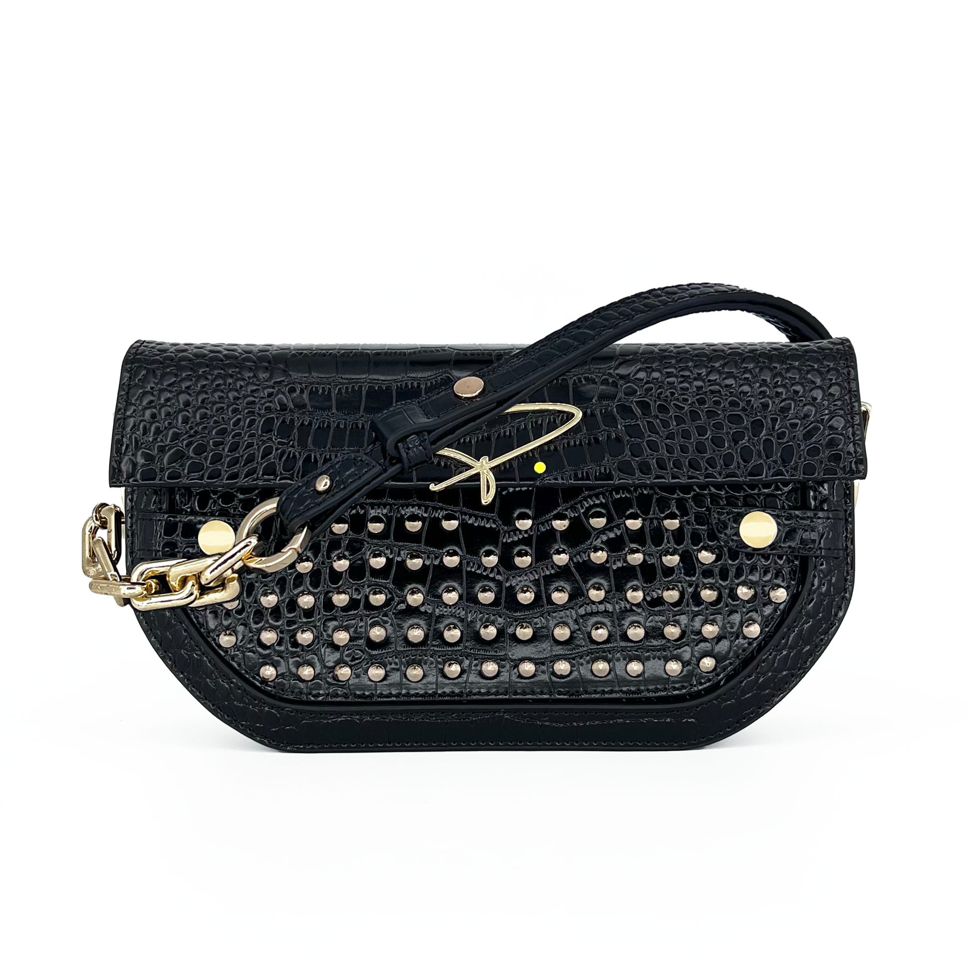 239E STUDDED SIGNATURE SHOULDER BAG IN BLACK