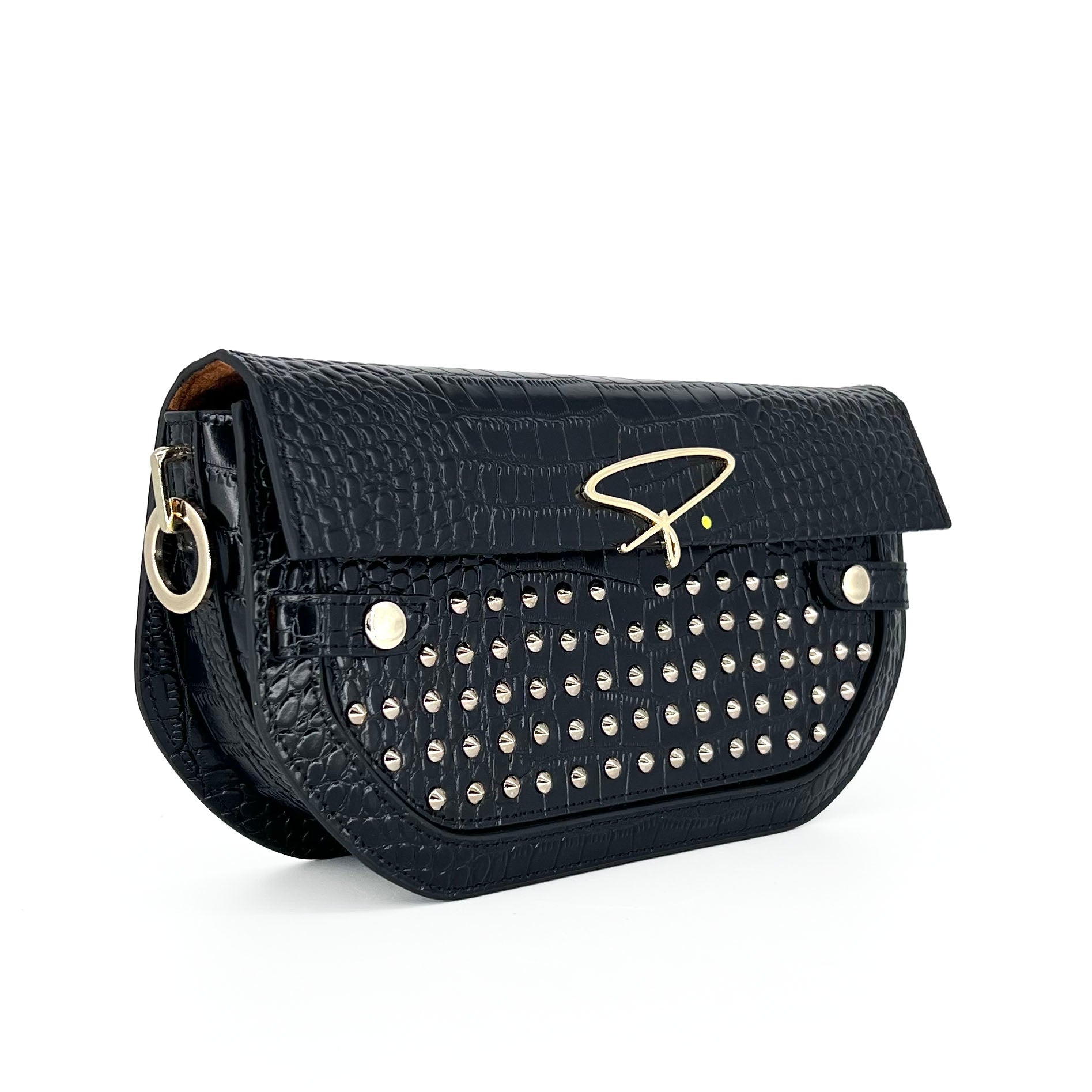239E STUDDED SIGNATURE SHOULDER BAG IN BLACK