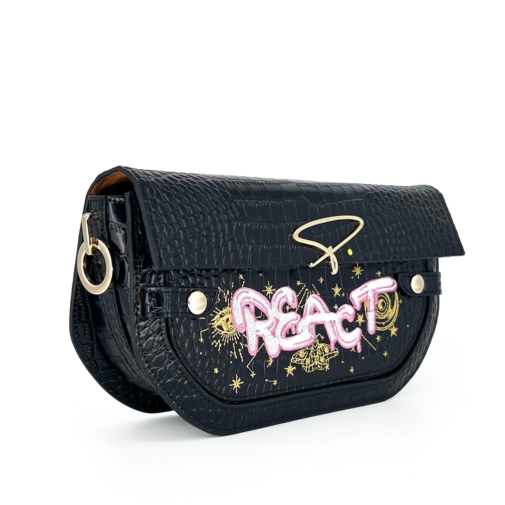 239E EMBROIDERED SIGNATURE SHOULDER BAG IN BLACK