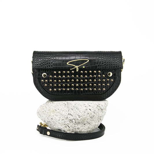 239E STUDDED SIGNATURE SHOULDER BAG IN BLACK