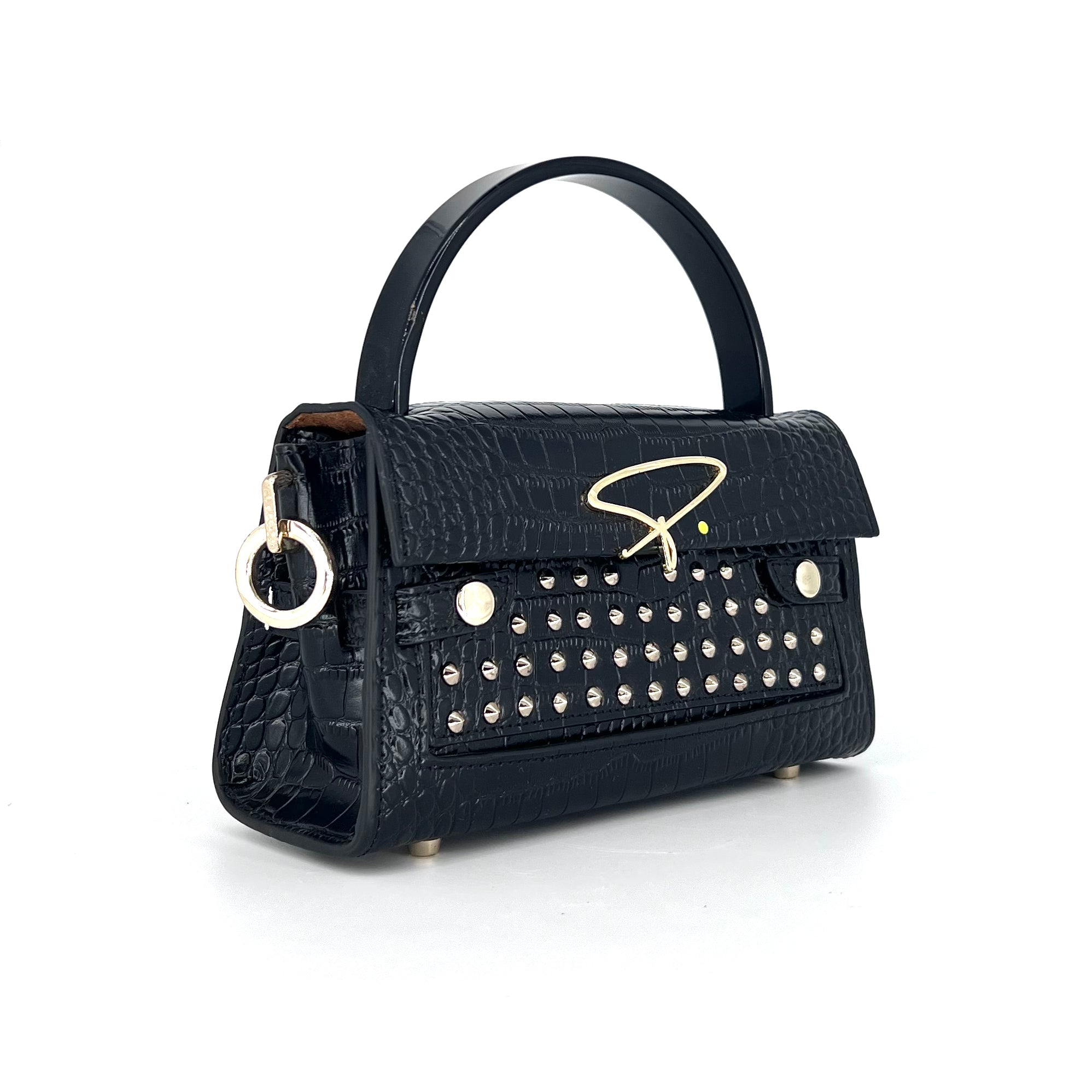 301W STUDDED SIGNATURE HANDLE BAG IN BLACK